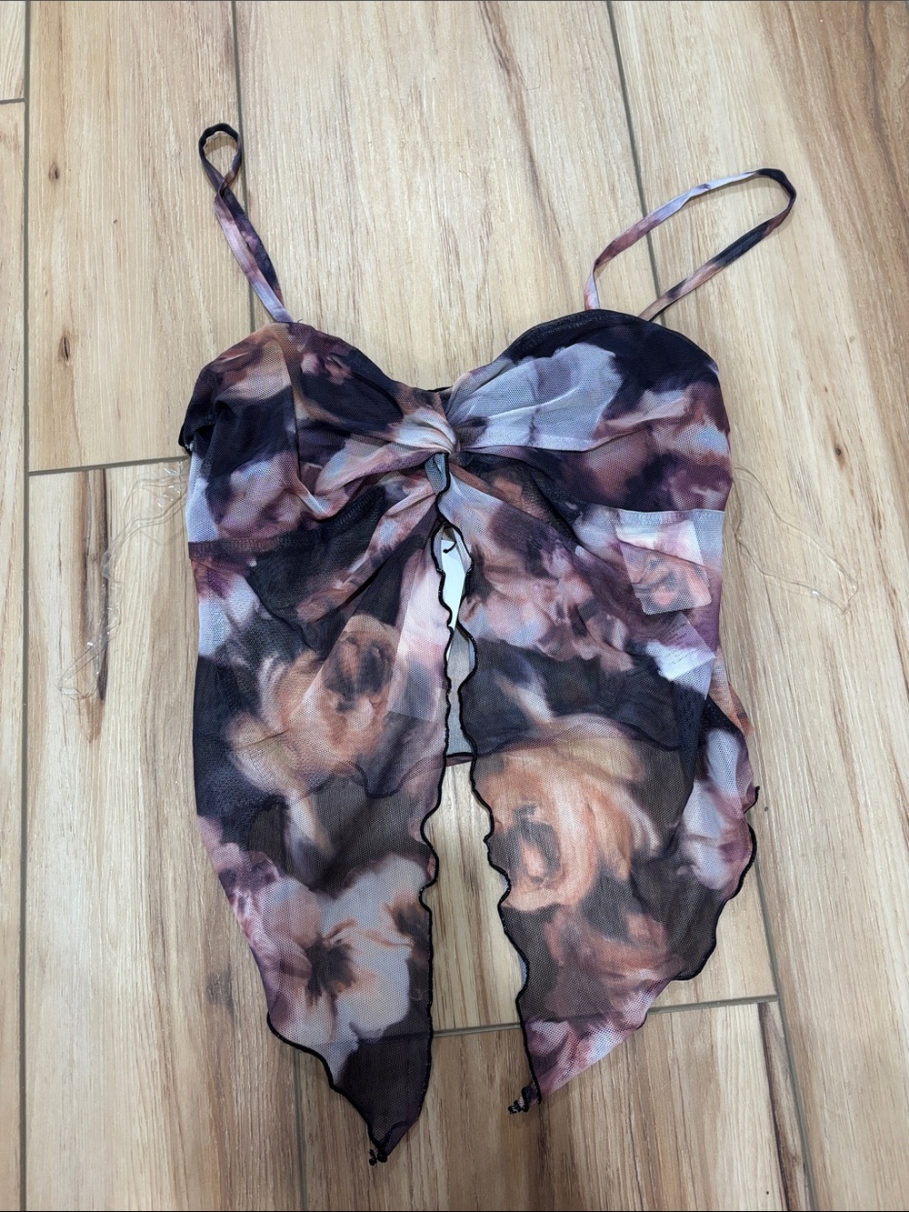 Twist-Front Floral Mesh Cami in Mauve Brown